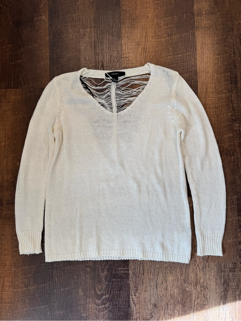 Forever 21 ivory V-Neck fringe back Sweater